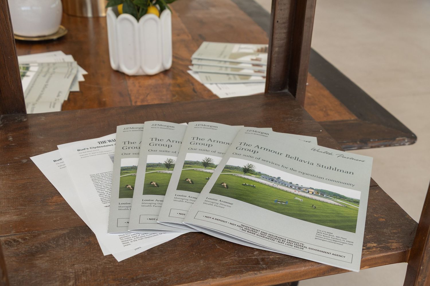 Several printed brochures or pamphlets with green landscape headers are fanned out on a wooden surface next to a white planter.