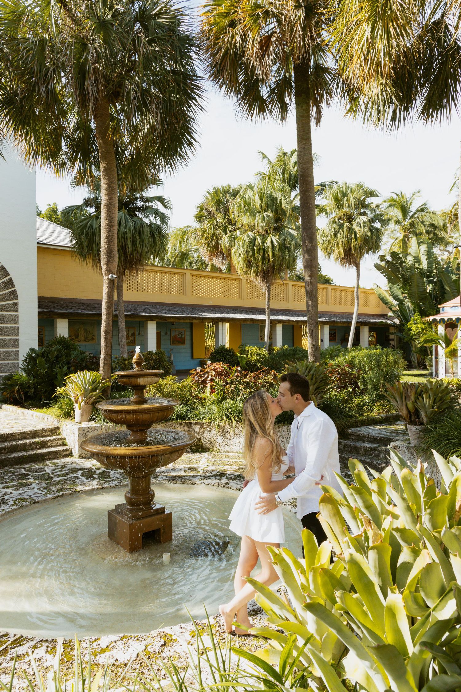 Romantic scene by a courtyard fountain surrounded by tropical palm trees and architecture.