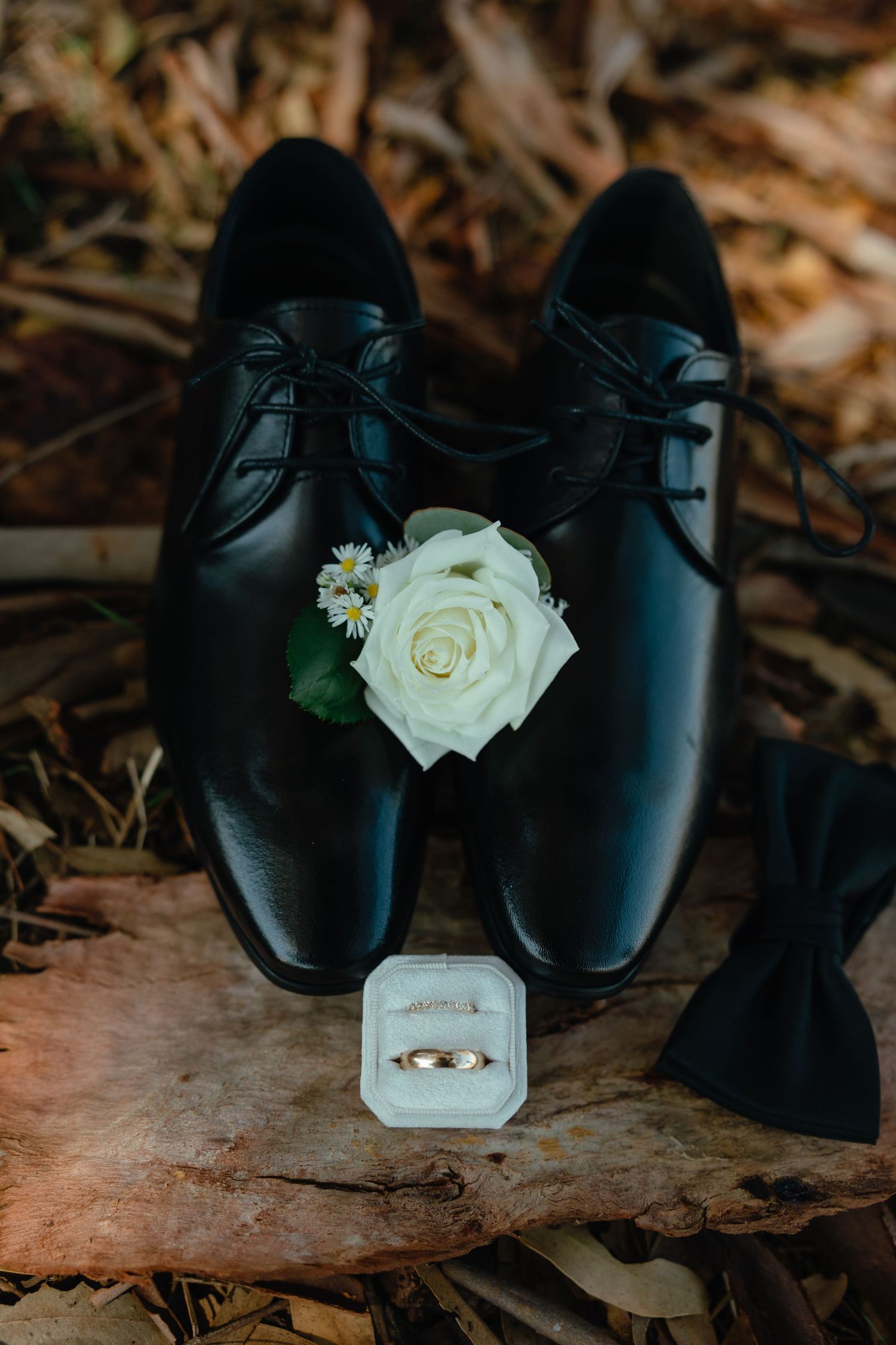 Black dress shoes with a white rose boutonniere and wedding ring box on wooden surface.