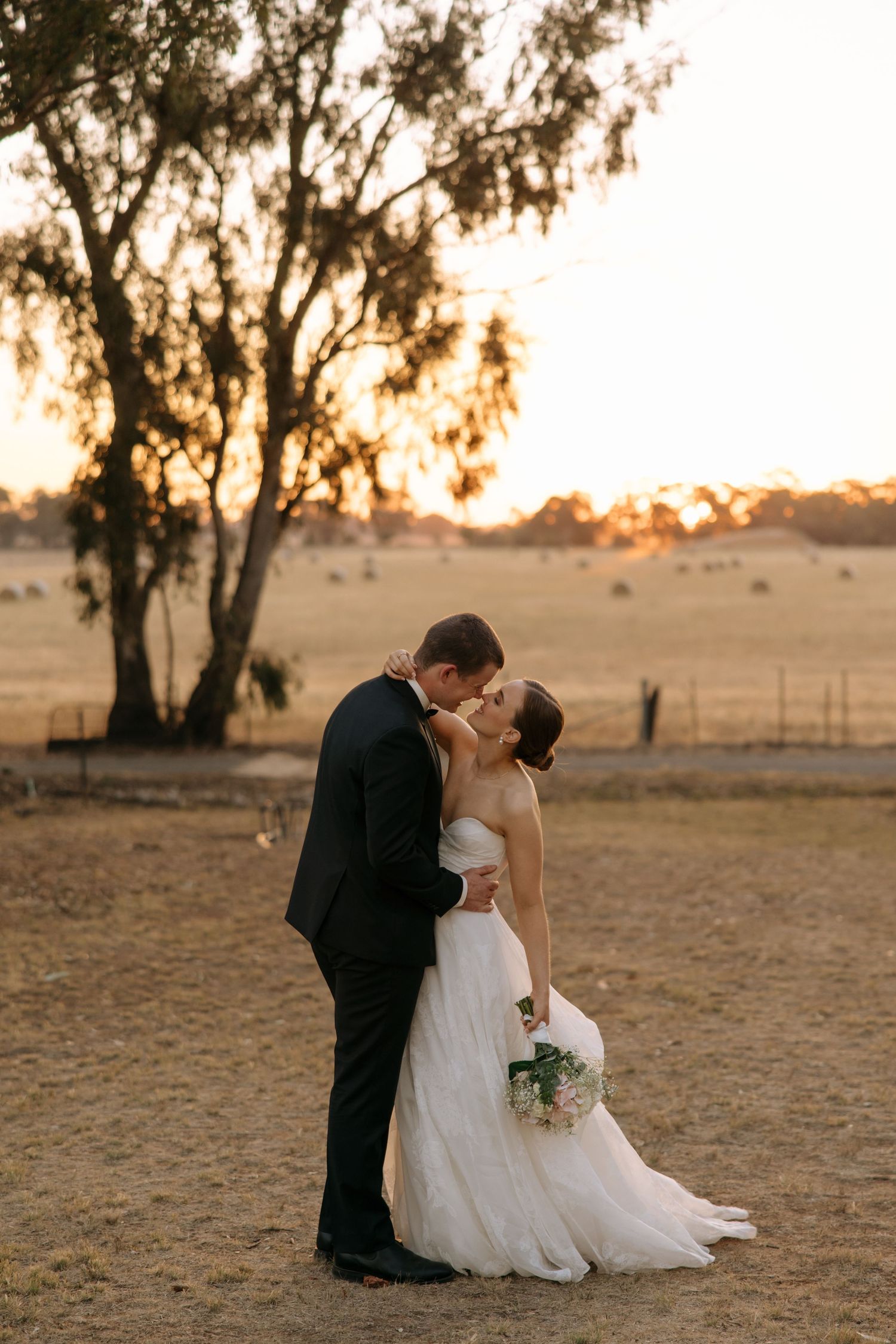 A romantic sunset wedding photo of a couple embracing in a rustic countryside setting with gum trees in the background.