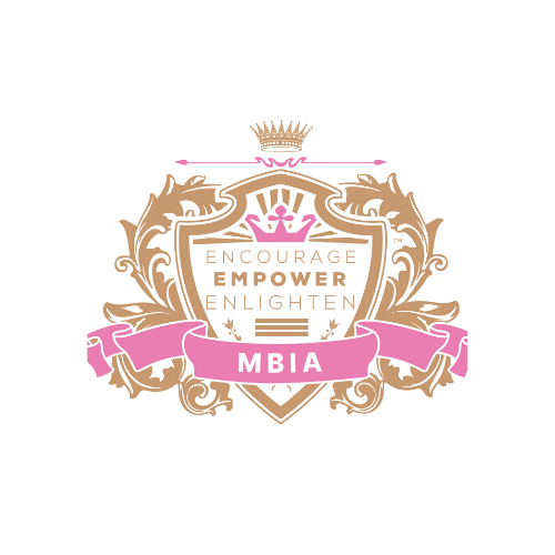 Decorative pink and gold crest design with crown and MBIA text.