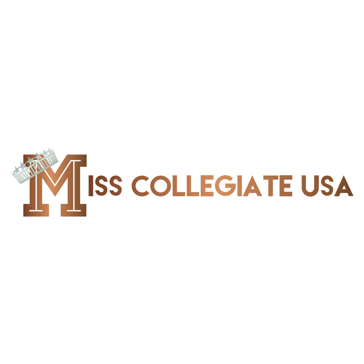 Miss Collegiate USA logo in bronze lettering with crown design on black background.