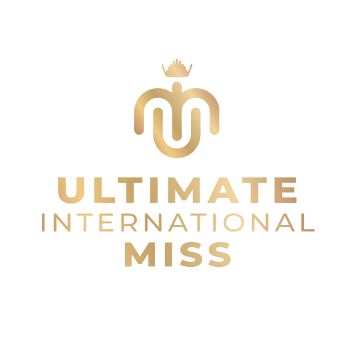 Ultimate International Miss logo in gold with crown symbol on transparent background.