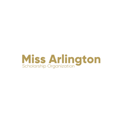 Gold text logo reading Miss Arlington with scholarship organization tagline on black background.