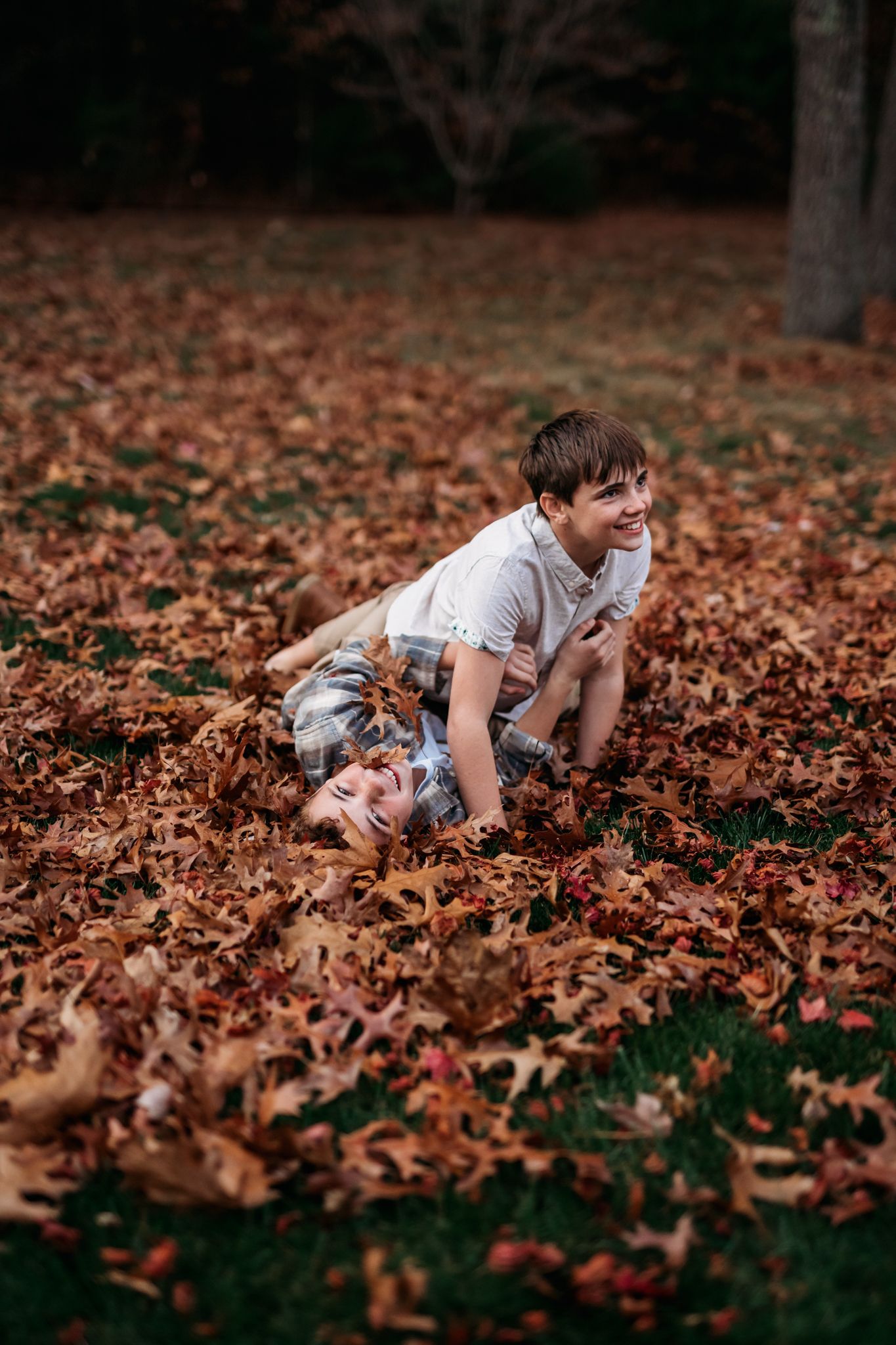 Two boys playing and wrestling in a pile of fallen autumn leaves.