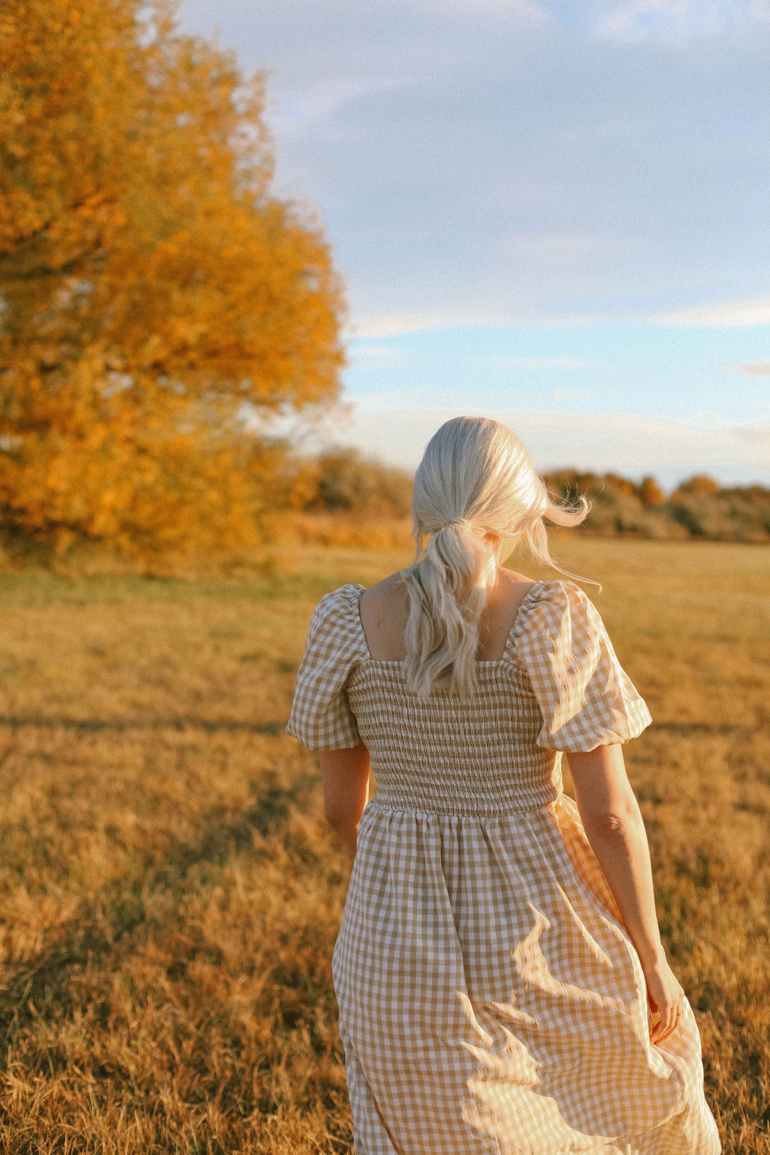 Women in gingham dress walking through golden autumn field at sunset.