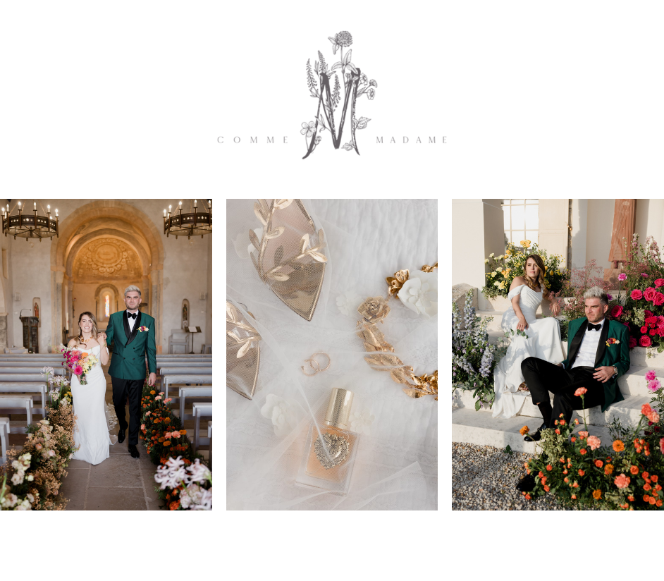 Elegant wedding photo collage showing a couple in a grand venue, delicate silk ribbons, and romantic floral arrangements.