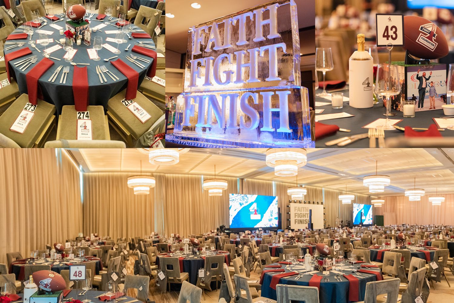 Casino-themed event space with circular tables and illuminated signage for formal gathering.