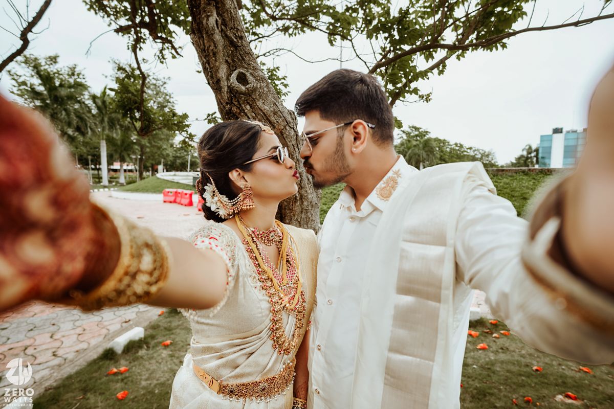A romantic photo sequence showing tender moments between newlyweds in traditional Indian dress.