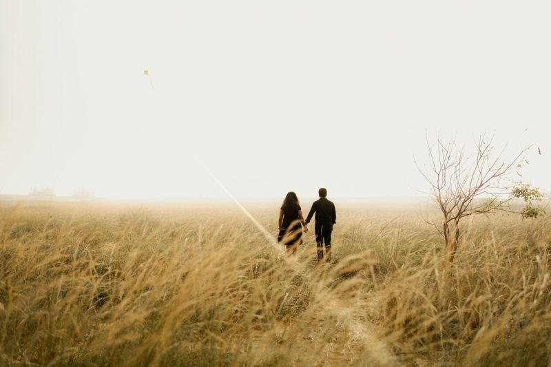 Two silhouettes walk together along a winding trail through tall sepia-toned grassland on a misty day.