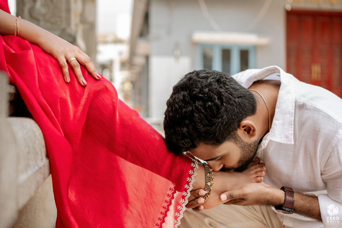 Close-up sequence showing tender moments between couple in traditional Indian attire.