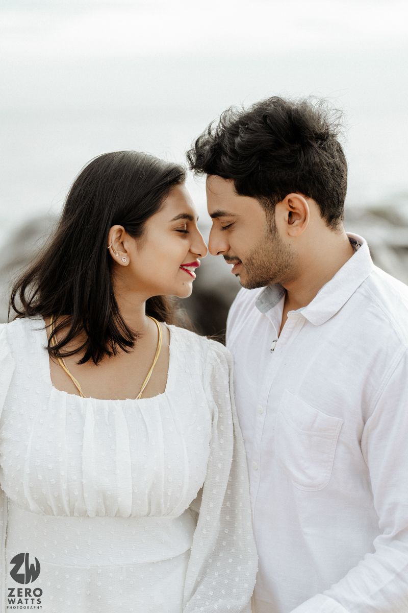 A romantic image series showing a couple in white clothing sharing intimate moments against a light background.