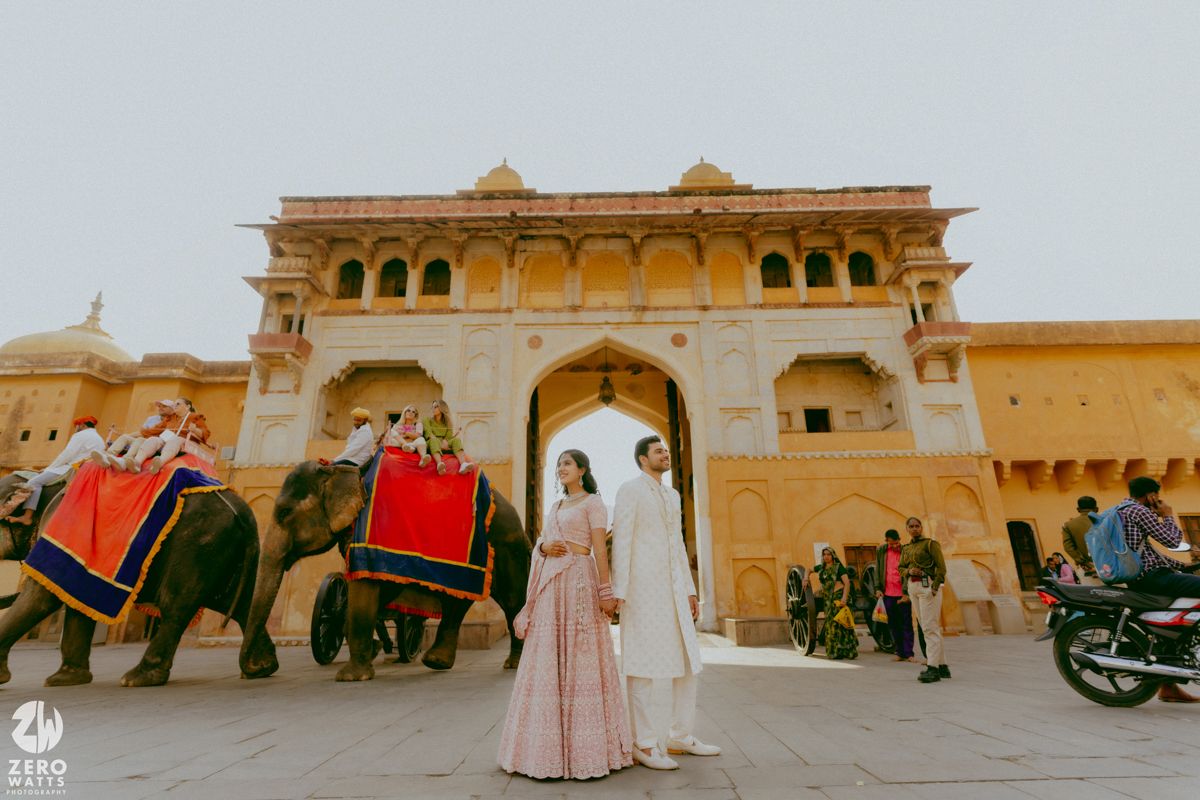 Traditional Indian wedding couple poses with decorated elephants at an ornate palace entrance.