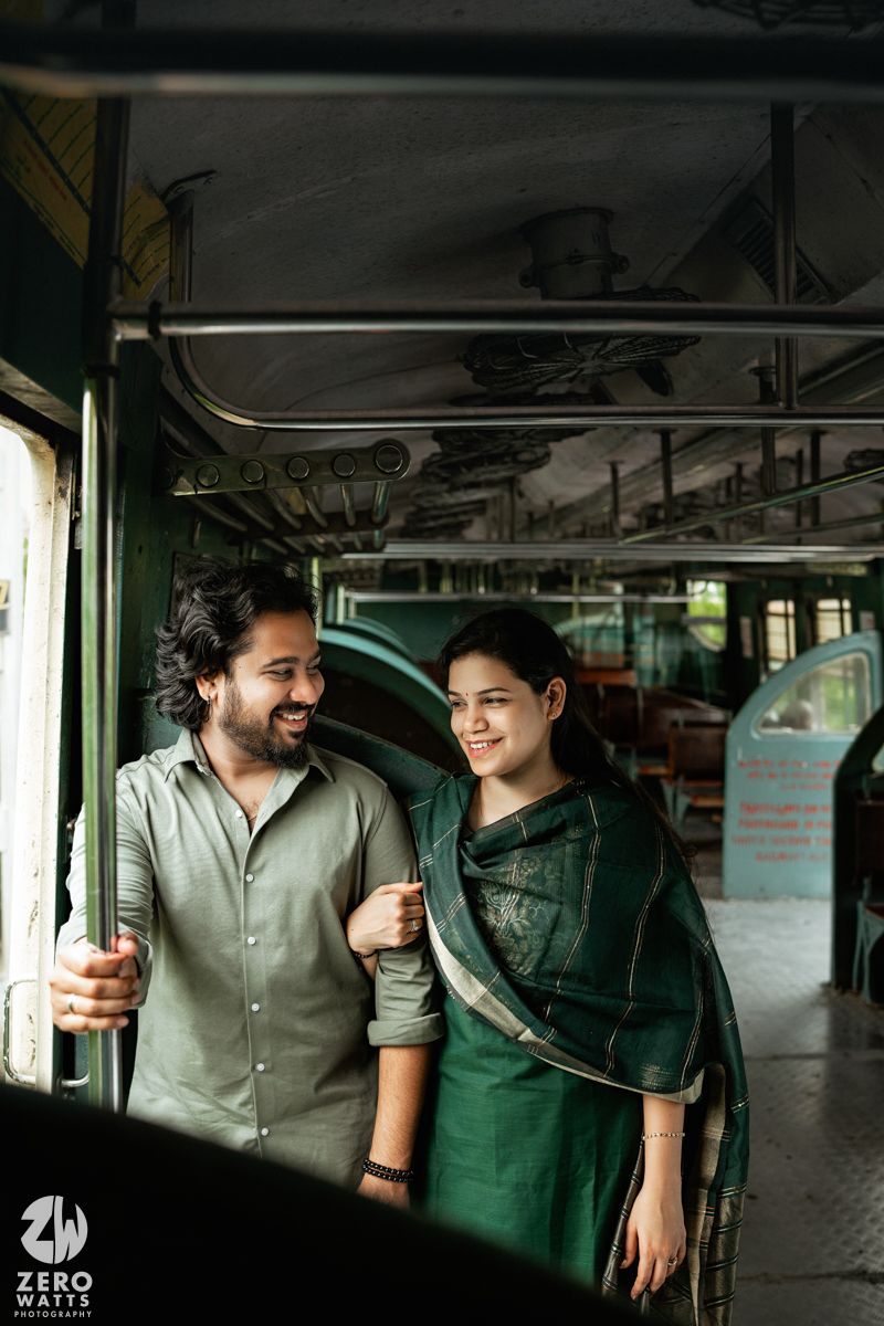 Candid moments captured inside an old train car with green walls and natural window lighting.