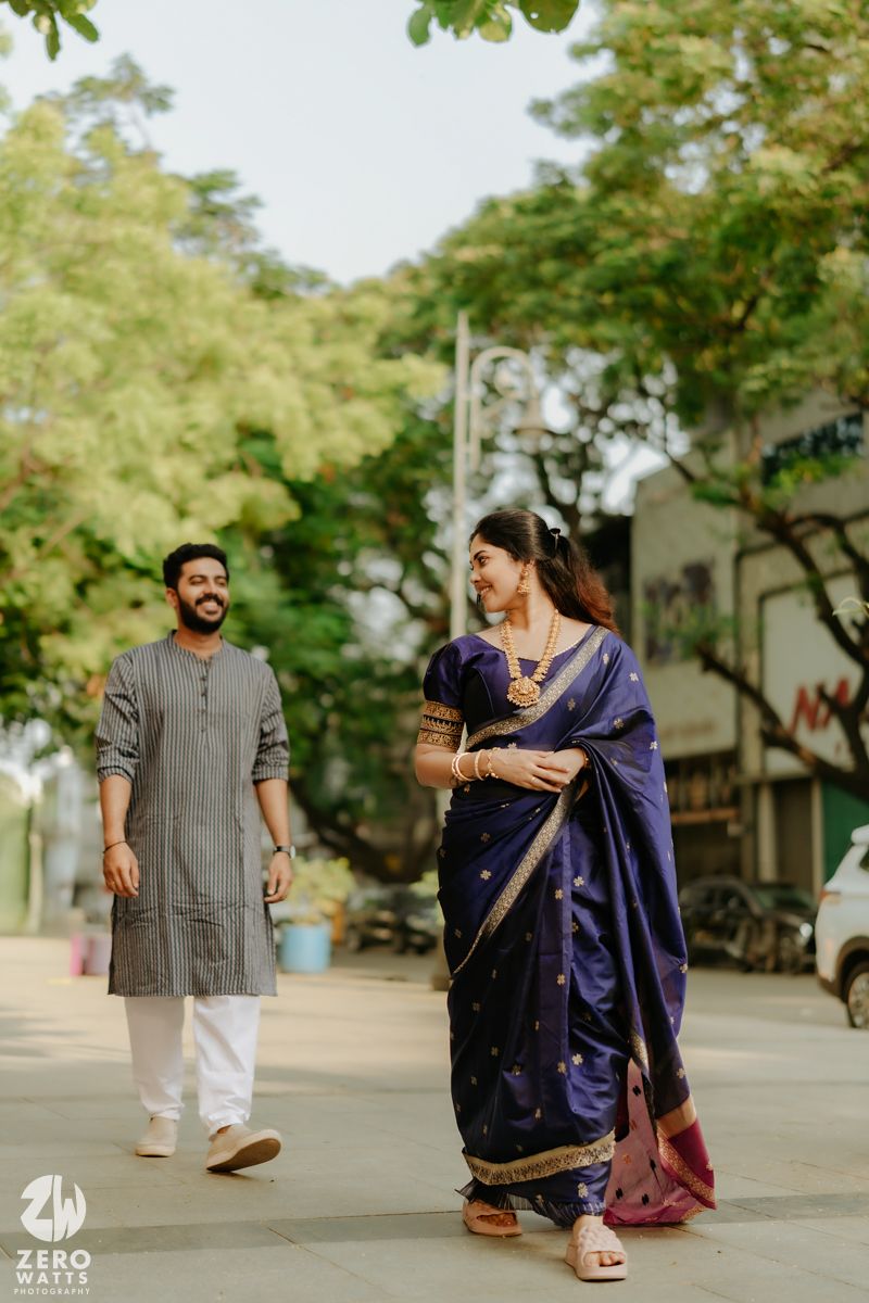 A candid series of outdoor photos showing a couple walking and interacting in a lush garden setting with green trees.