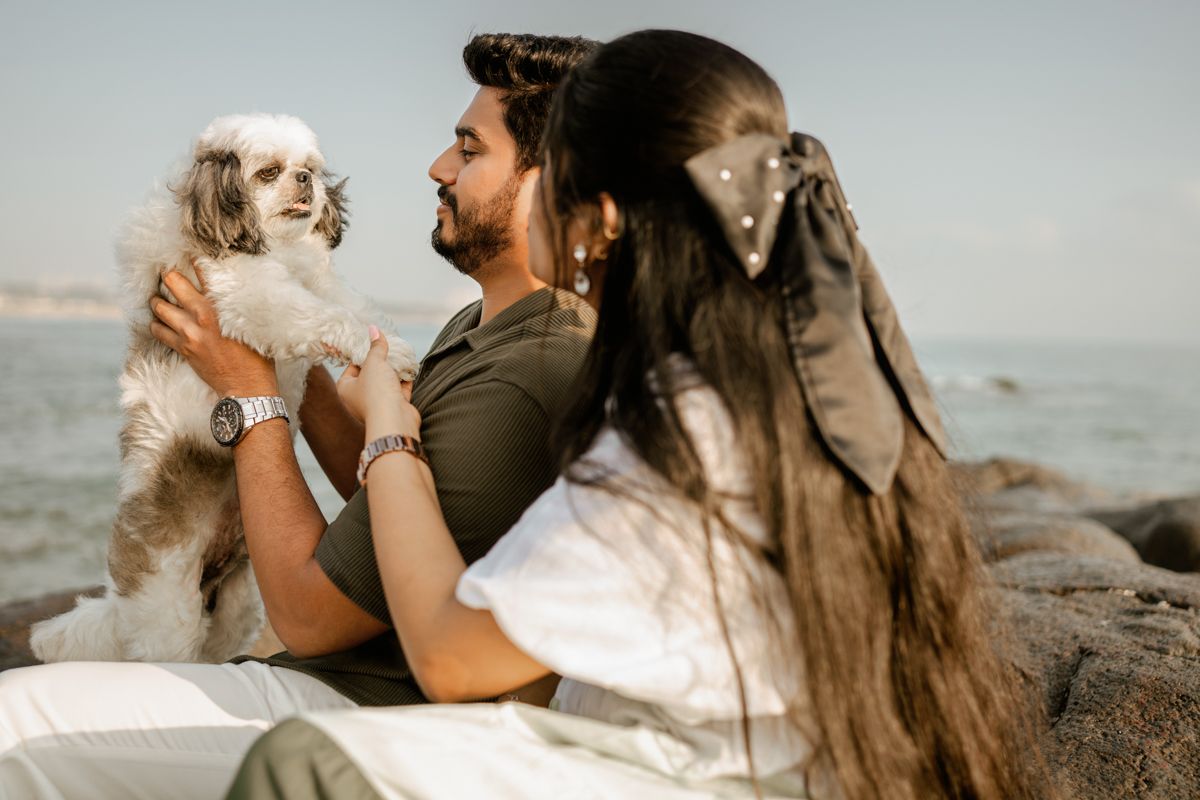 A couple sitting on coastal rocks with their small fluffy white dog against an ocean backdrop.