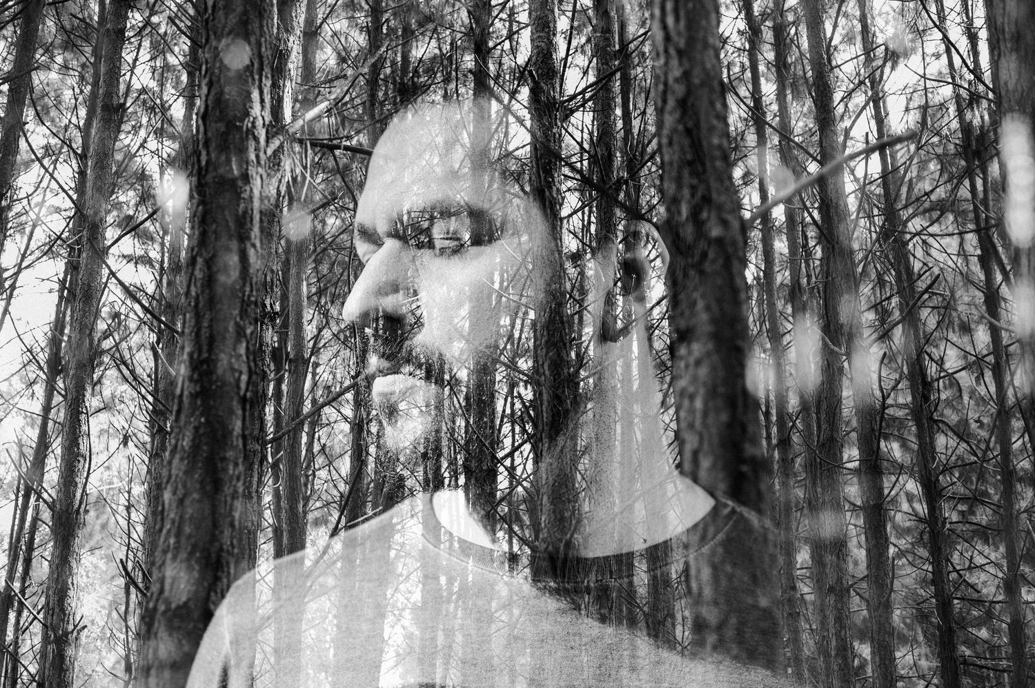 Double exposure portrait combining face with forest trees in black and white.