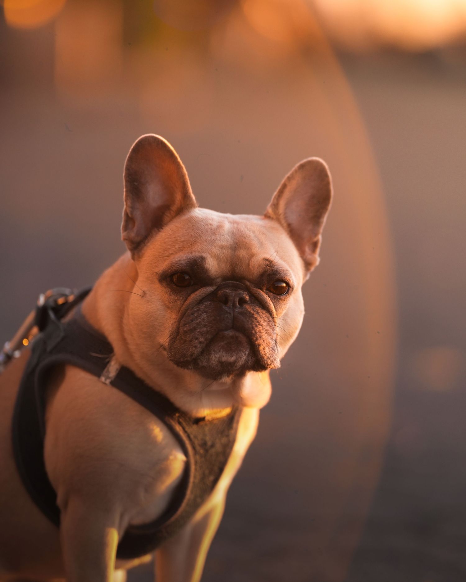 French Bulldog wearing black harness in warm sunset lighting.
