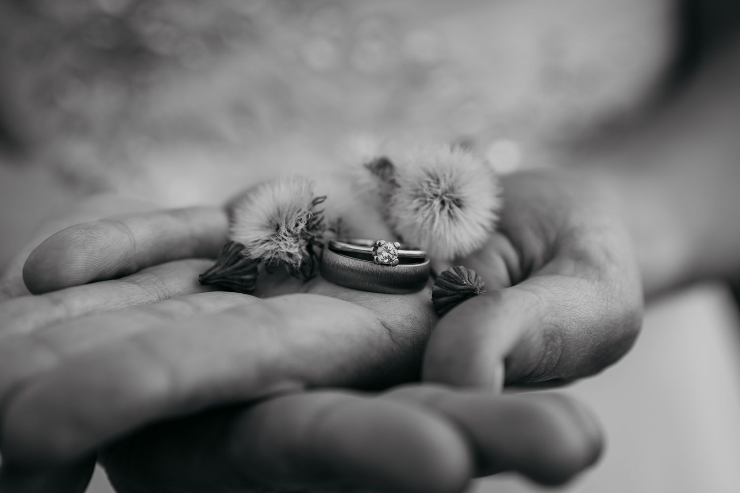 Close-up of hands gently touching to display wedding rings.