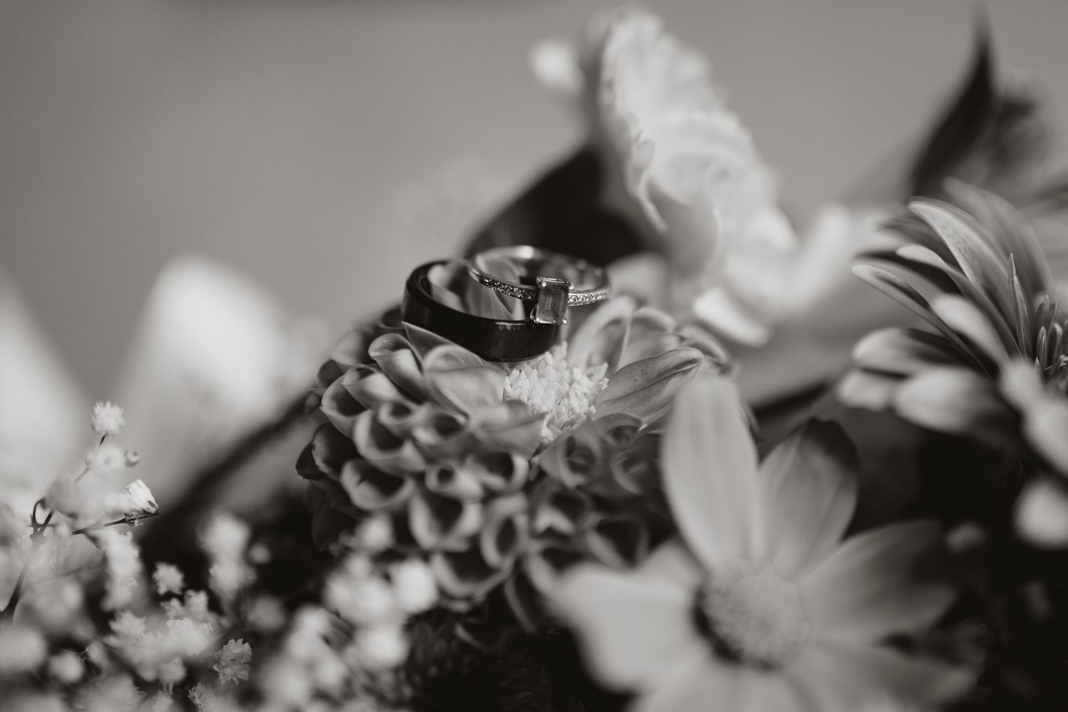 Black and white macro shot of wedding rings with delicate floral details.