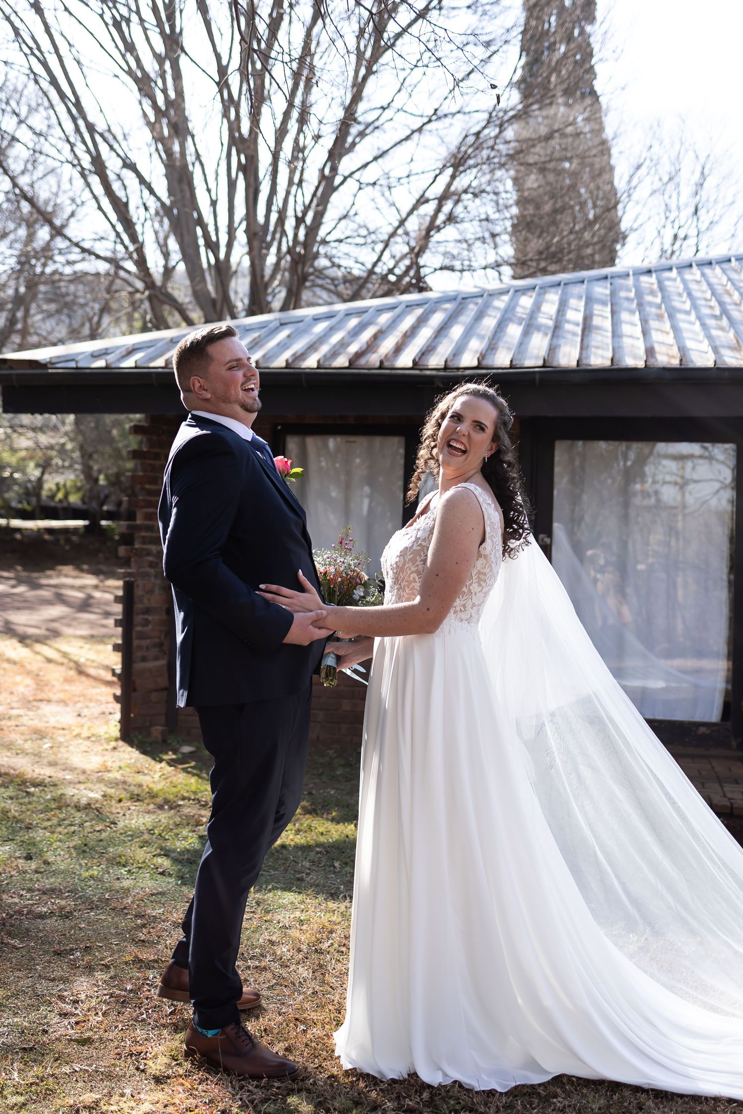A touching first look wedding photo sequence showing a couple's emotional reaction to seeing each other before the ceremony.