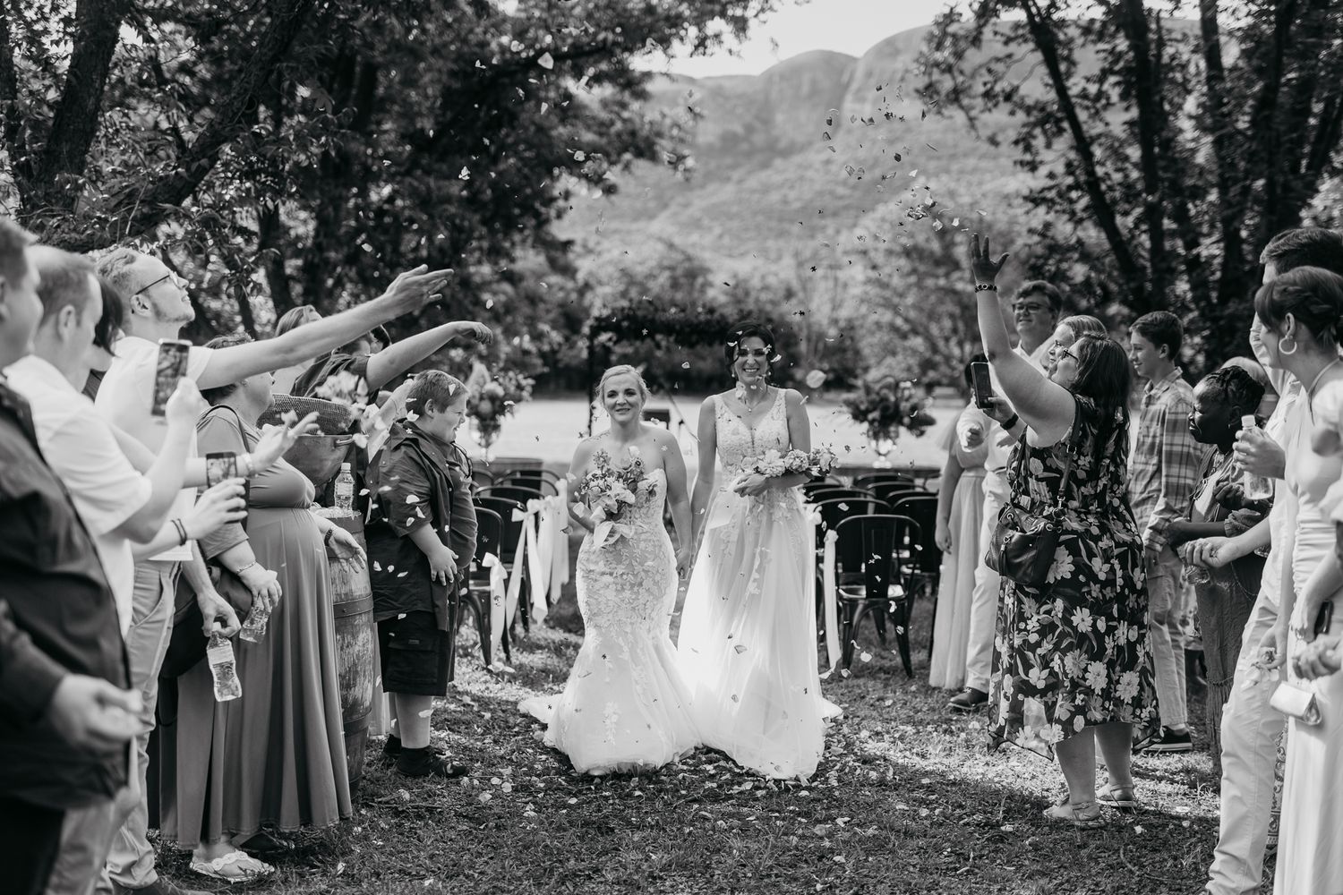 Guests toss flower petals at an outdoor wedding ceremony in a scenic mountain setting.