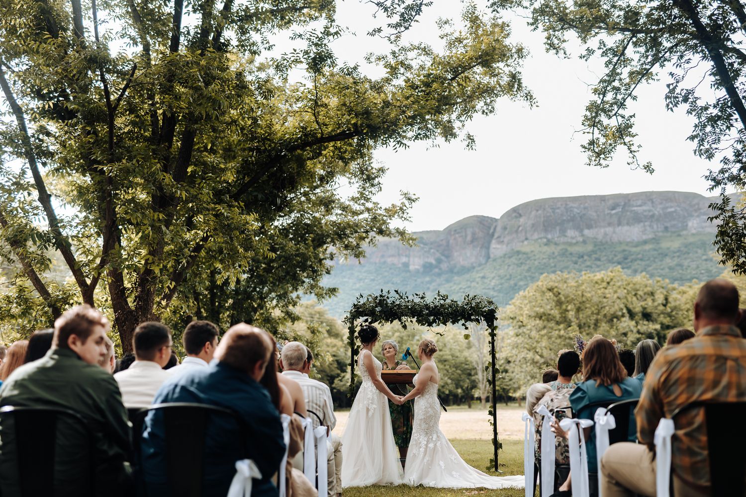 Wedding ceremony takes place outdoors with scenic mountain backdrop and wedding arch under tall trees.