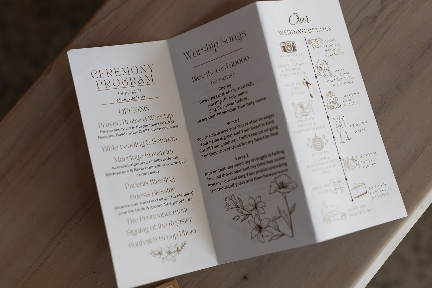 Wedding ceremony program with floral design details and timeline layout.