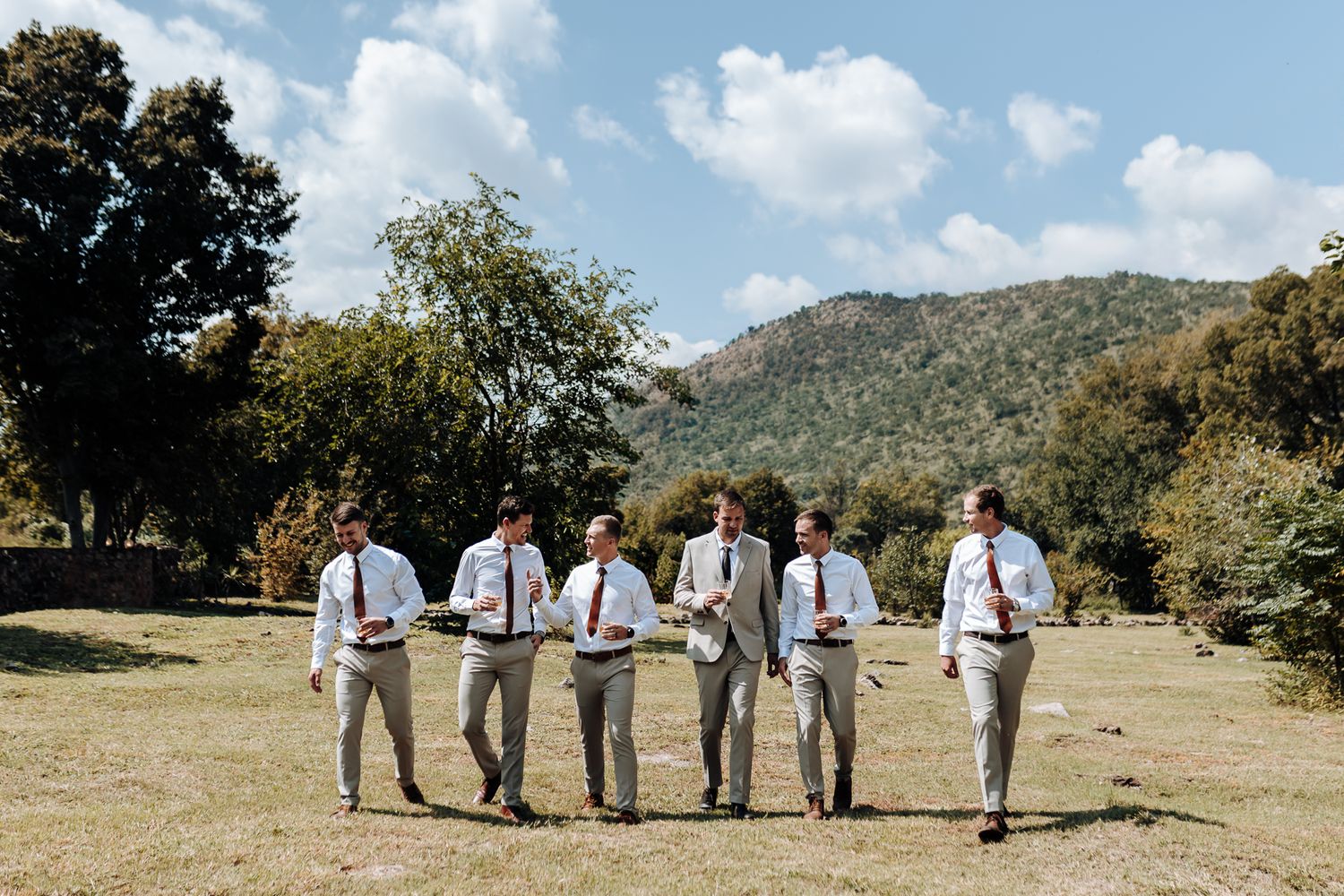 Wedding party in light suits posing together in field with mountains in background.