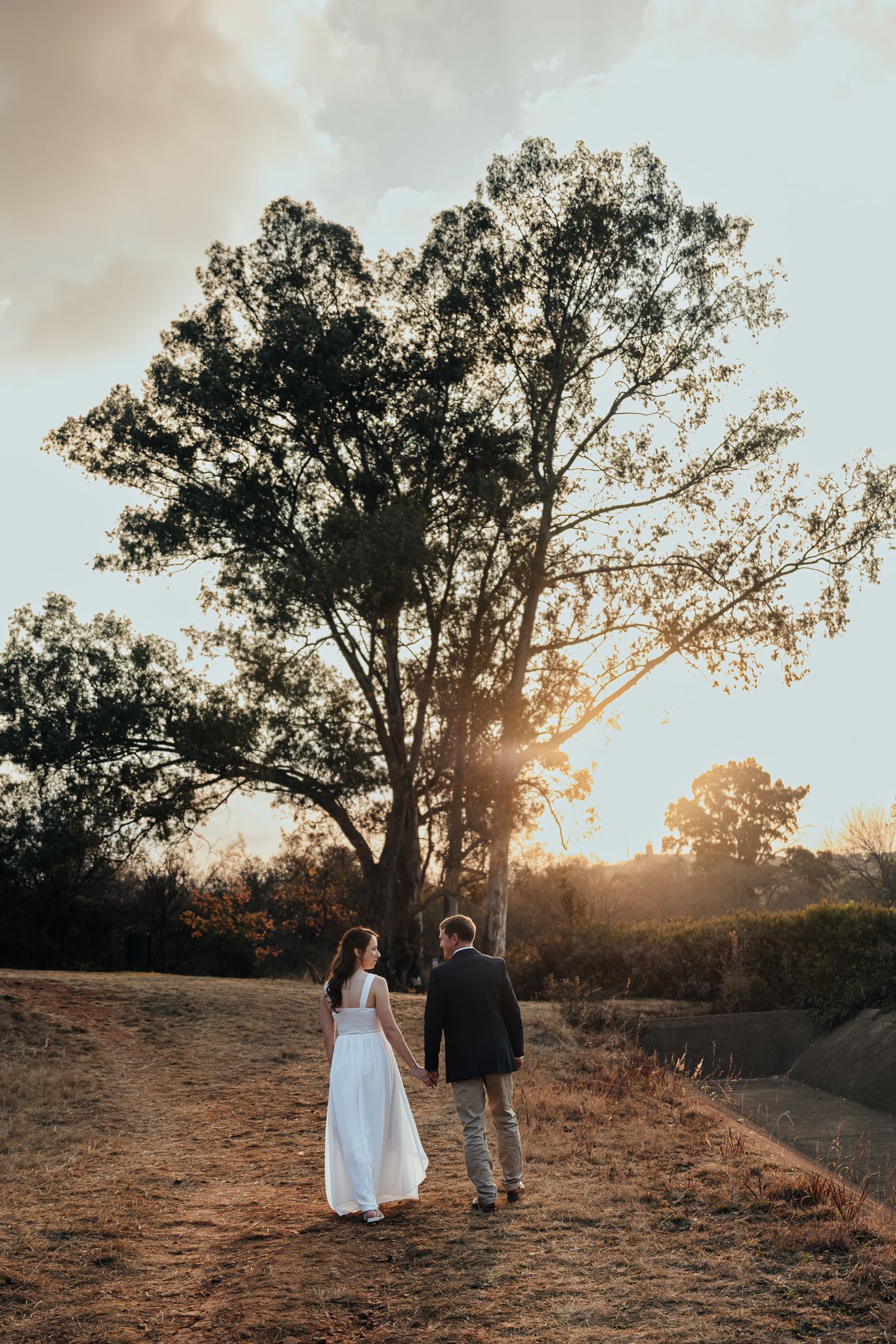 A romantic sunset silhouette of a couple walking on a path with a large tree in the background.