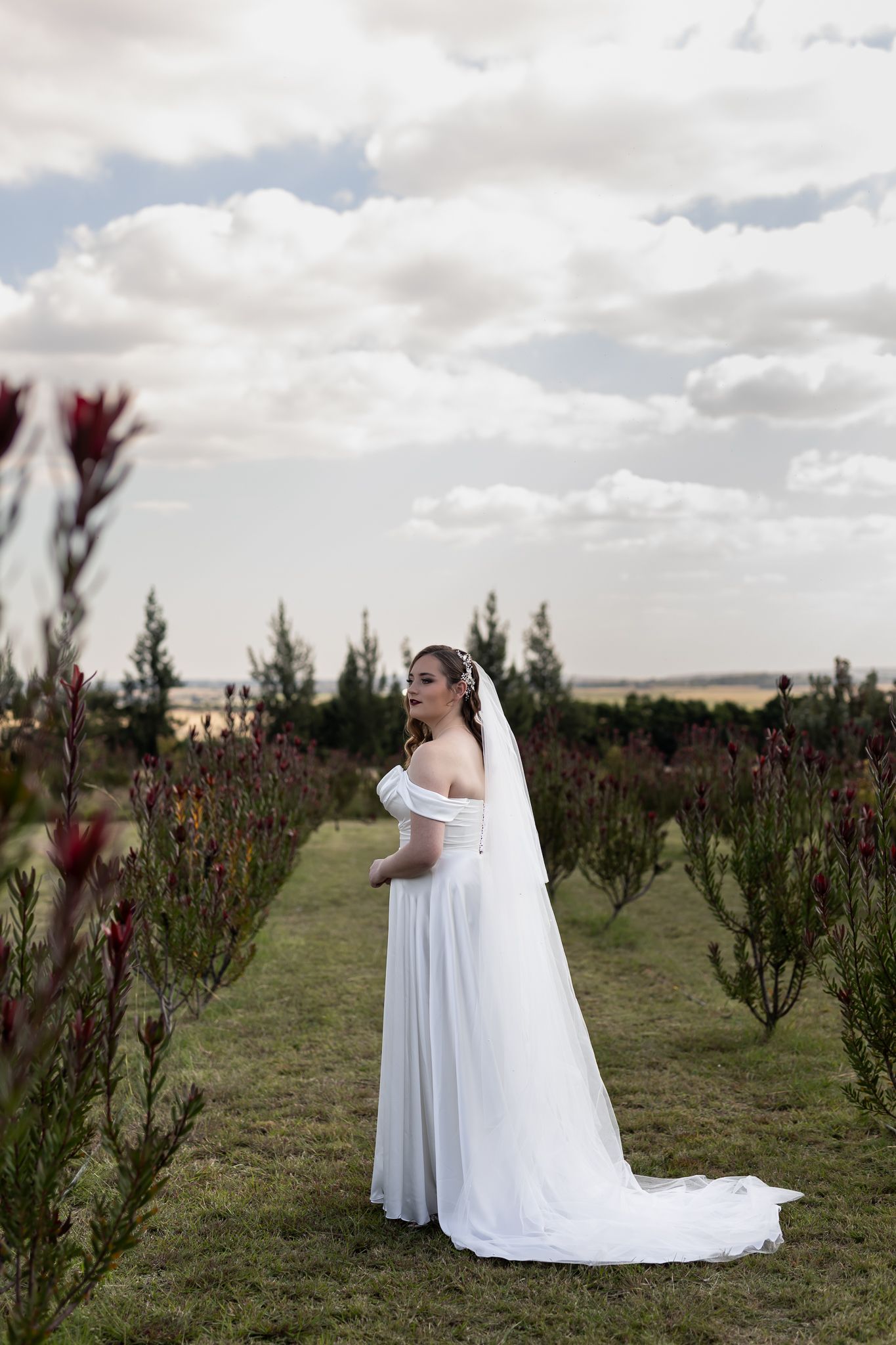 Bride in off-shoulder white gown and veil stands between flowering bushes on cloudy day.