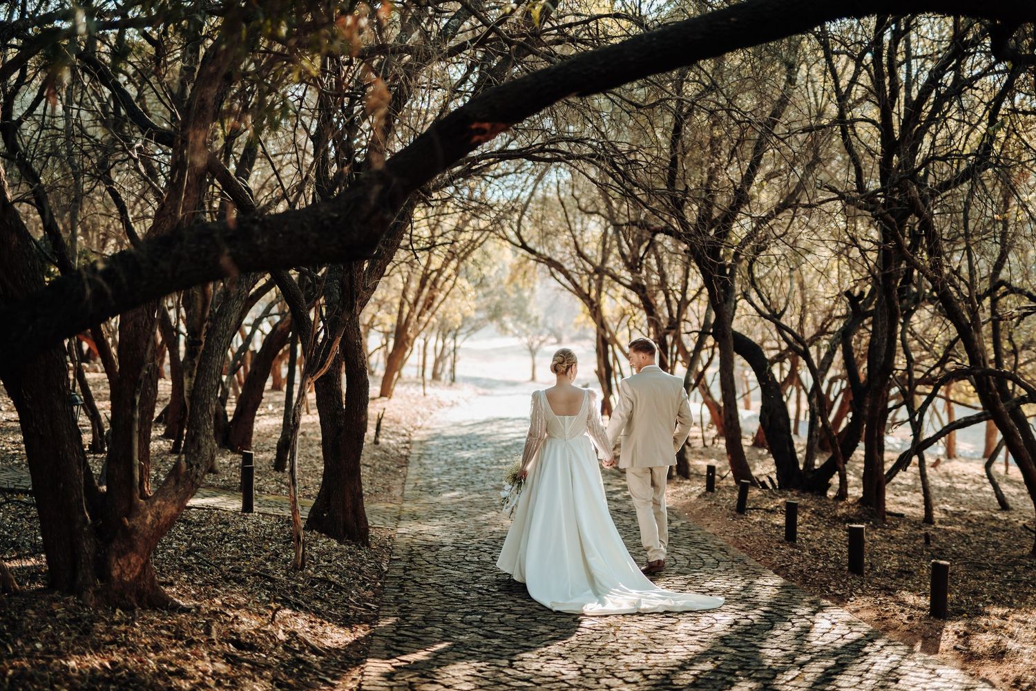 Wedding couple walks hand in hand through tree-lined path in dreamy forest setting.