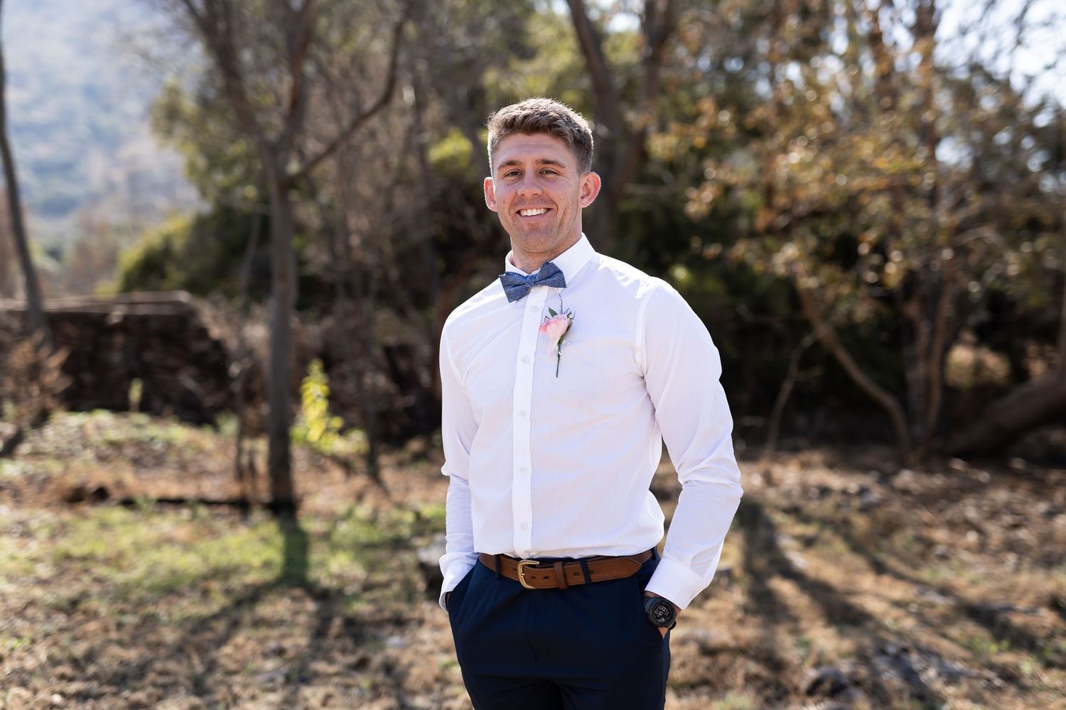 A series of wedding photos taken outdoors showing people wearing formal attire in a natural wooded setting.