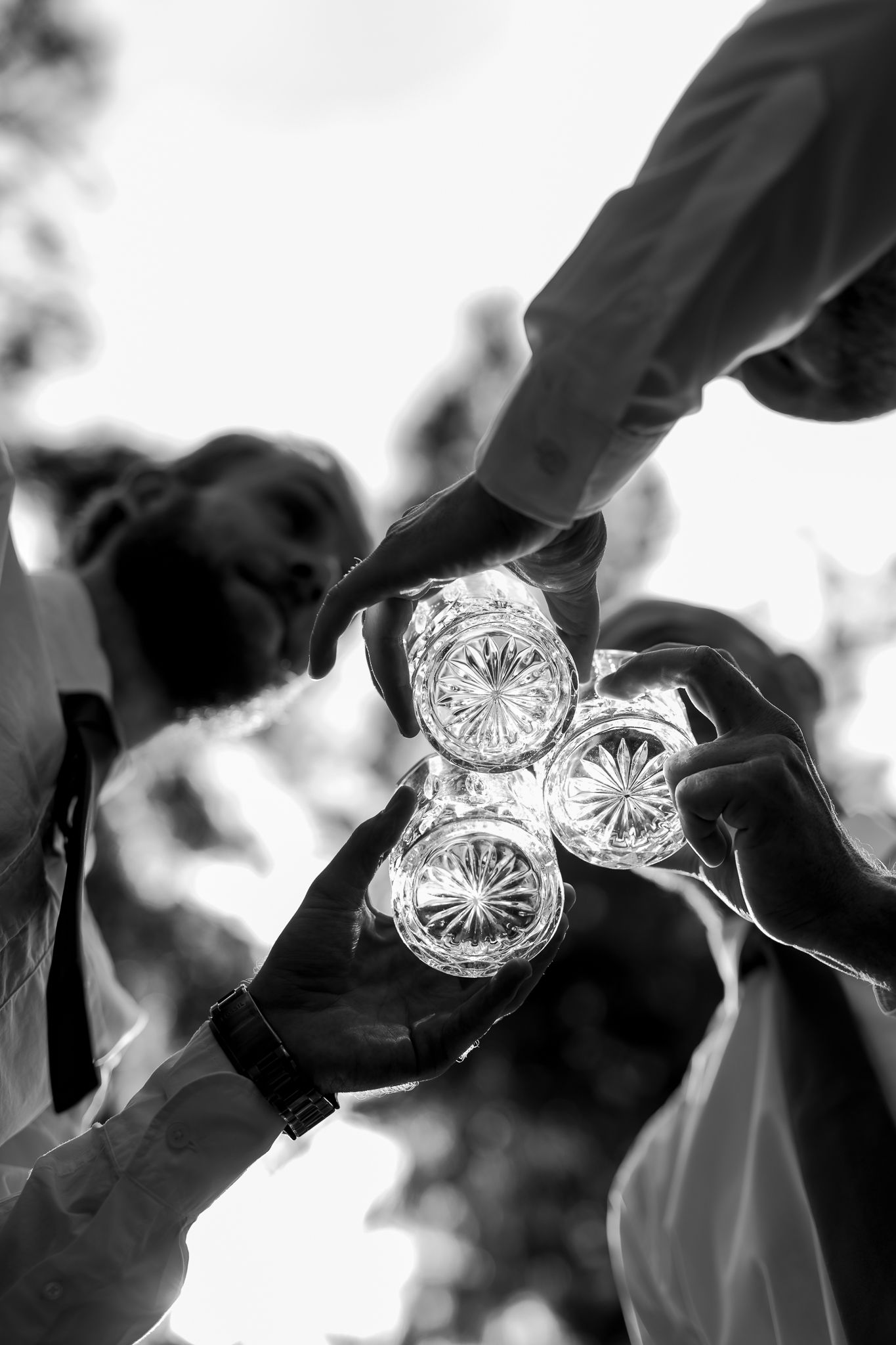 Crystal glasses clinking together in a black and white celebratory toast shot.