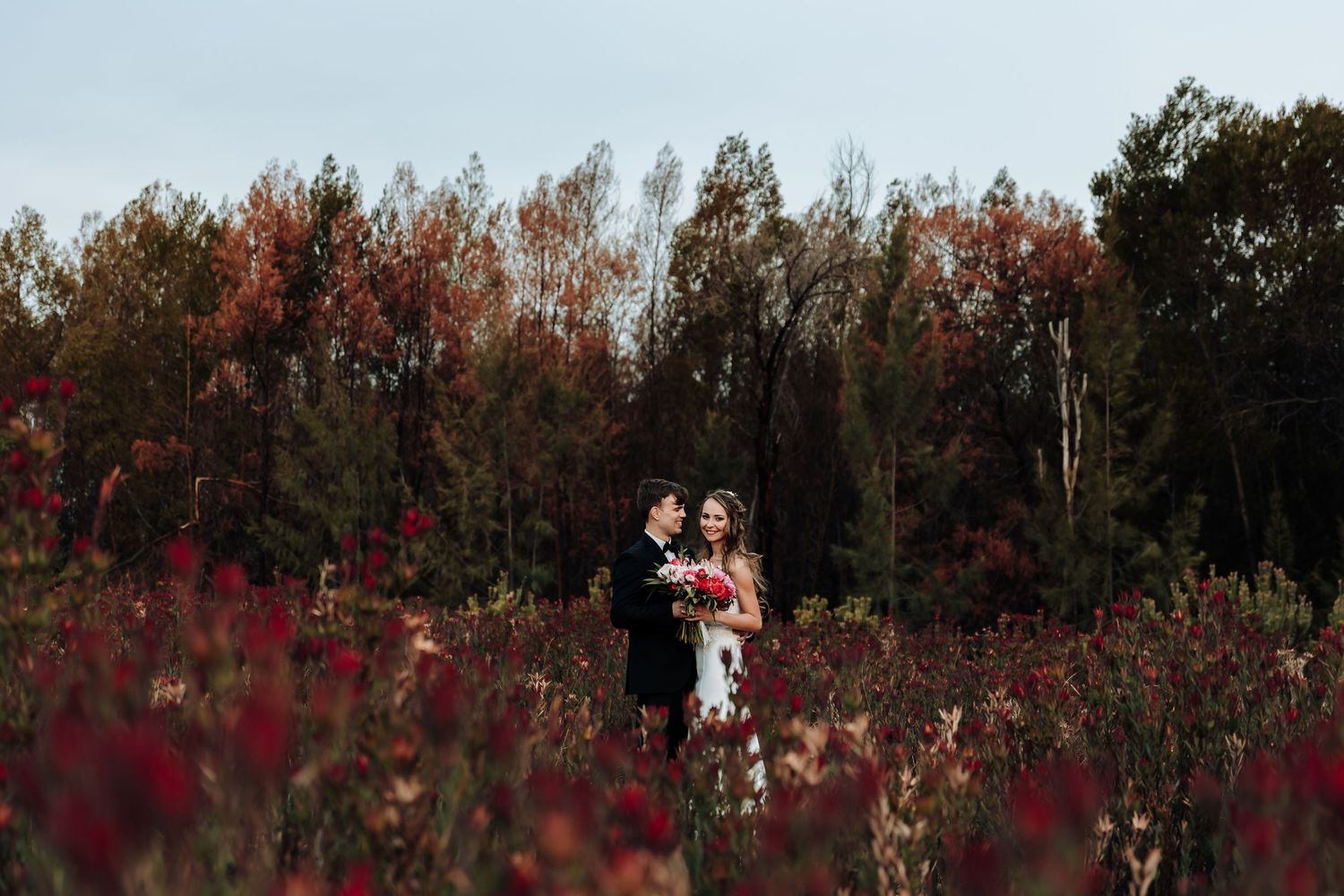 Newlyweds embrace in scenic field of crimson flowers during fall season.