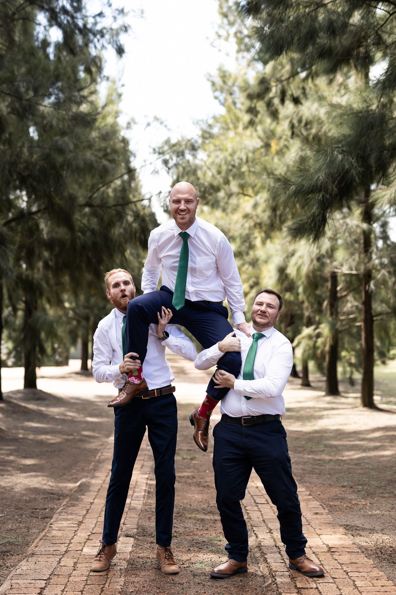 Three groomsmen playfully lift one of their group on a brick pathway in a forest setting.