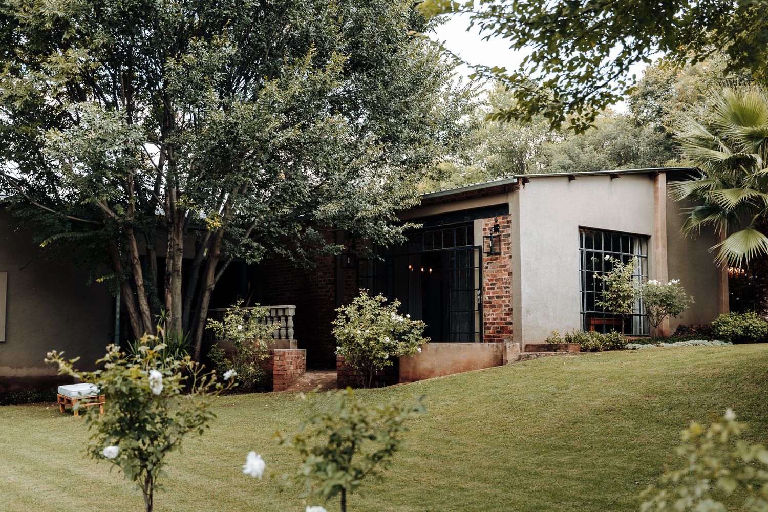 Modern house exterior with lush garden and flowering trees in front yard.