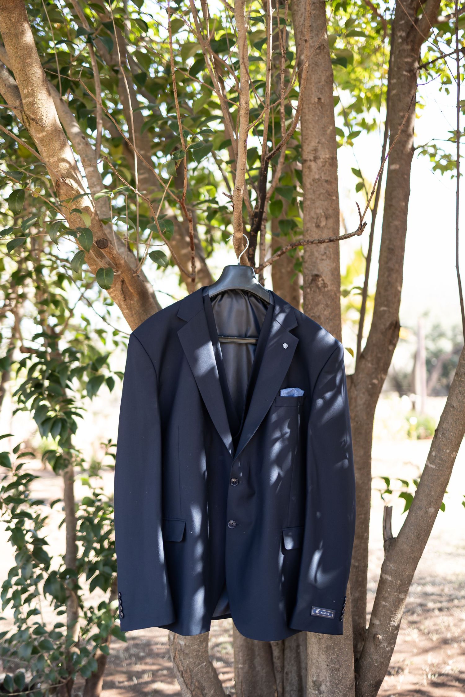 A navy blue blazer jacket hanging on a tree branch with dappled sunlight filtering through the leaves.