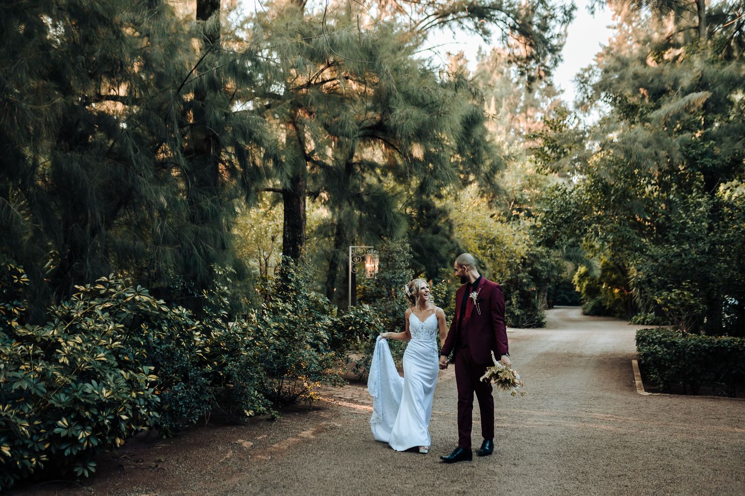 Wide shot of a garden wedding path with tall trees and natural lighting.