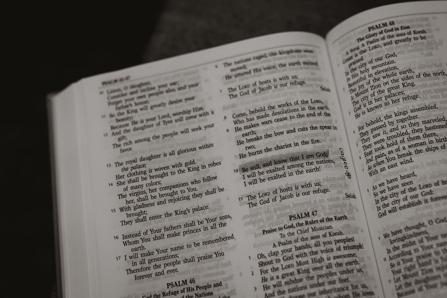 An open Bible page showing verses and text in black and white.