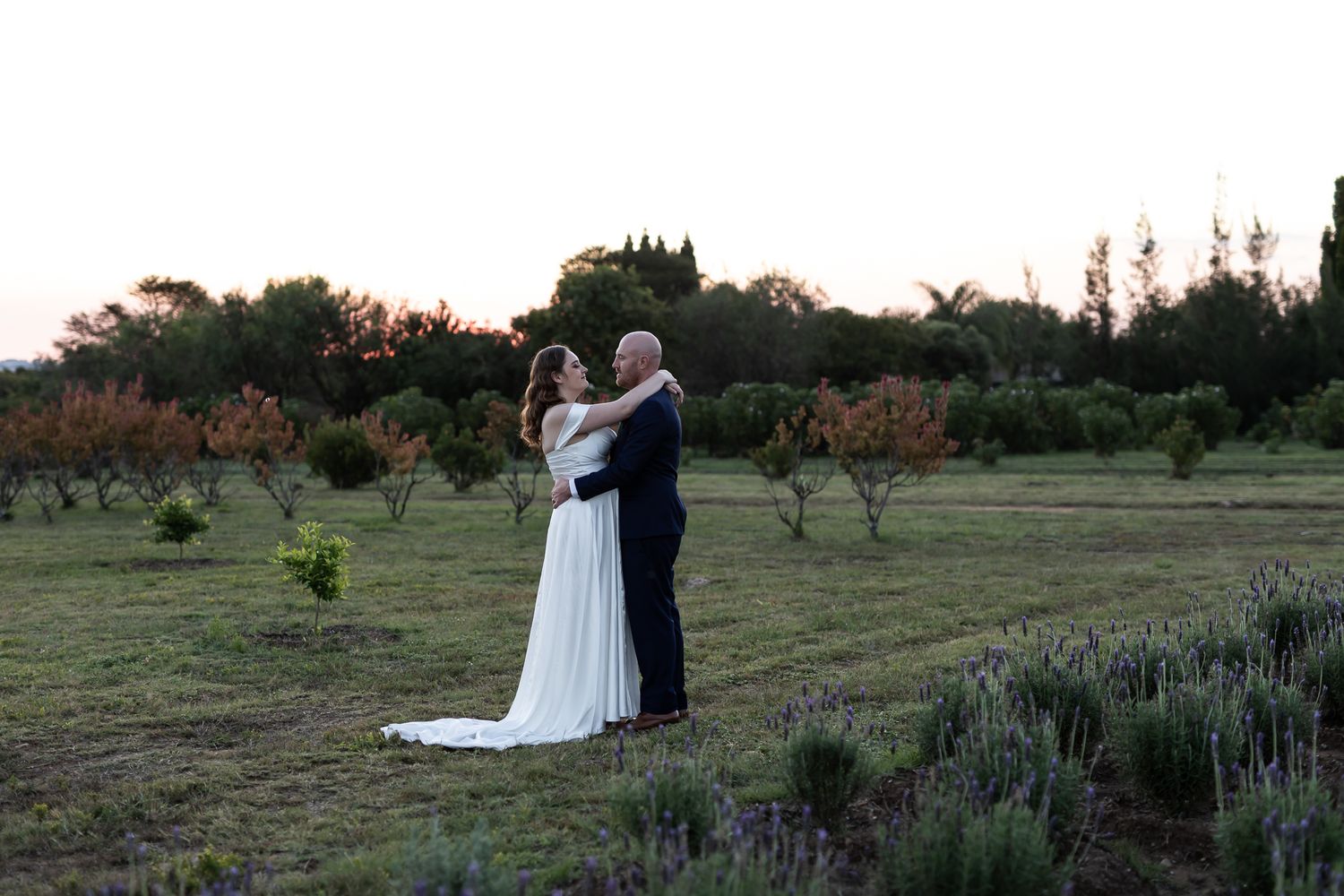 Couple in wedding attire standing in a garden with lavender plants at sunset.