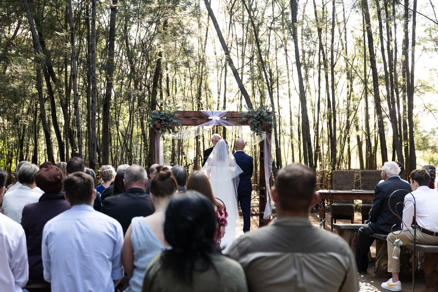 Wedding guests gather for an outdoor forest ceremony under tall trees.
