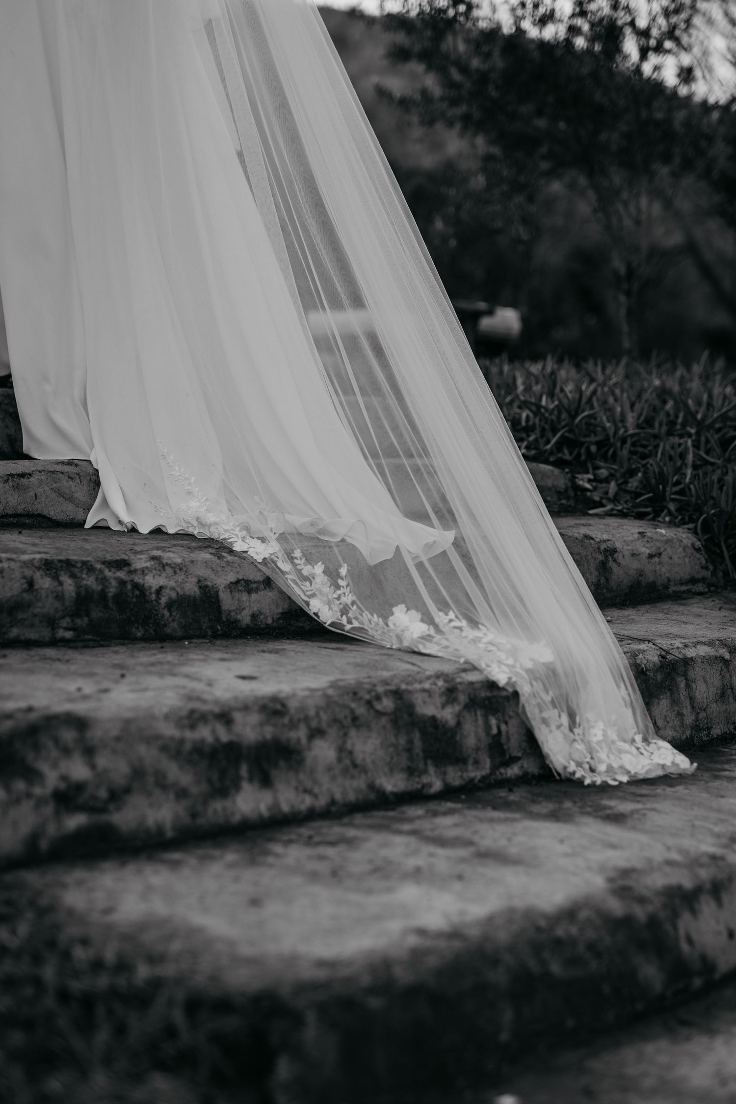 A delicate lacey wedding veil drapes elegantly over stone steps in black and white photography.