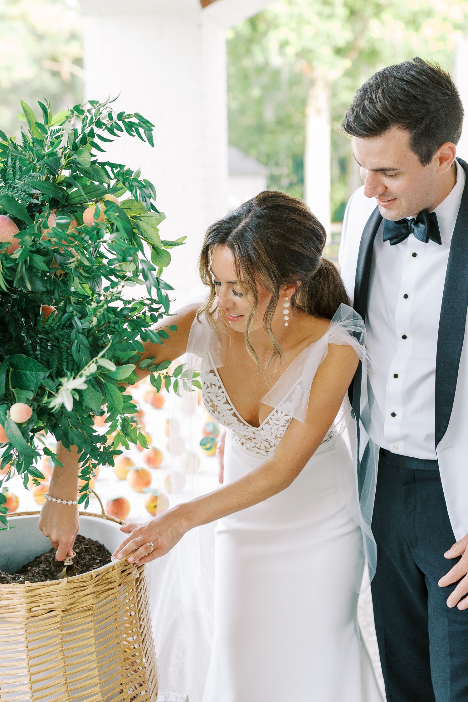 A couple in formal wedding attire interacts with a potted plant in a wicker basket on a sunlit porch.