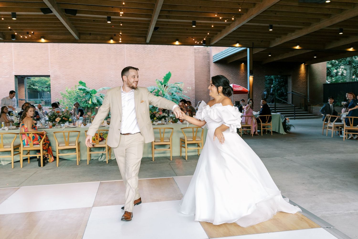 Wedding celebration photos showing dancing and joyful moments on a covered outdoor patio.
