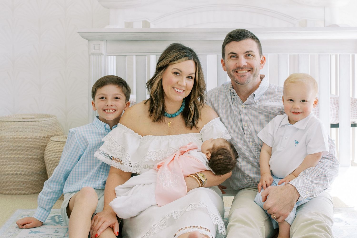 A collection of family photos shows tender moments between parents and children sitting together in casual indoor settings.