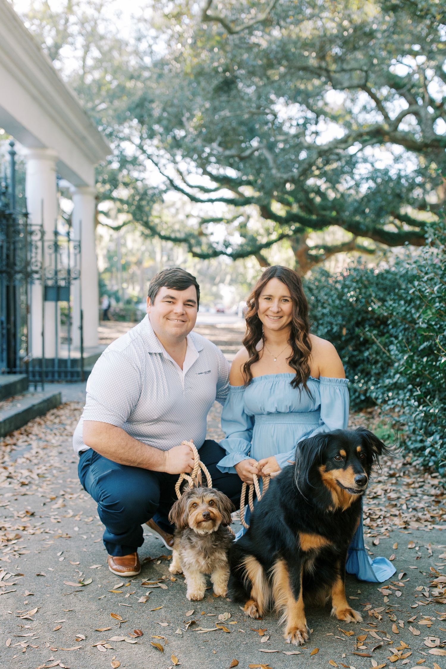 A couple poses with their two dogs on a leaf-covered path surrounded by southern greenery and iron gates.