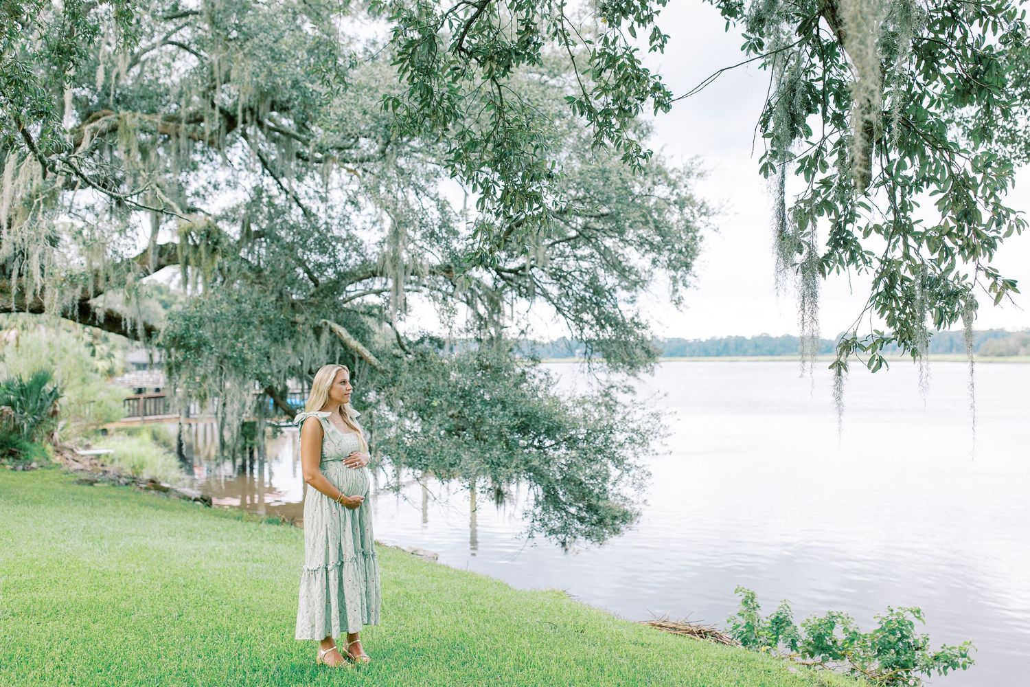 Spanish moss hangs from oak trees alongside a scenic waterfront path in a serene Southern landscape.