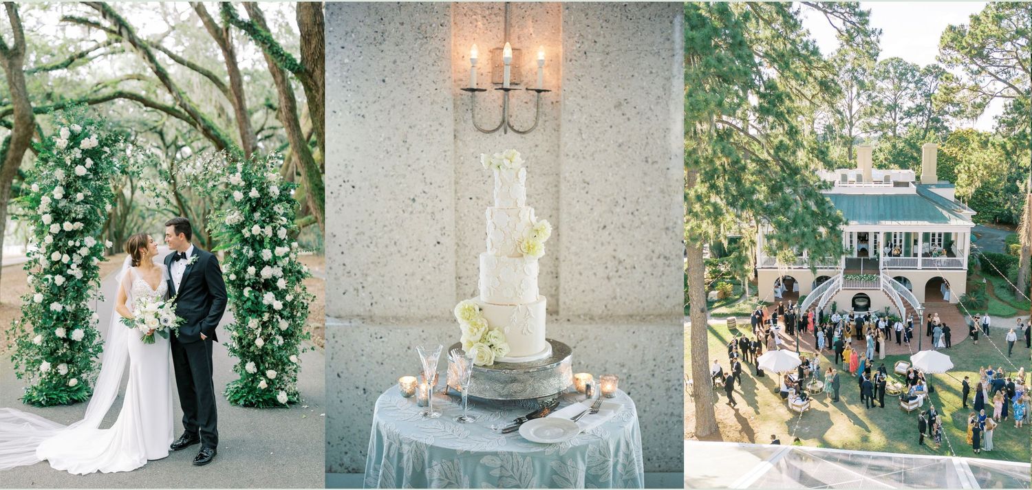 Beautiful outdoor garden wedding with elegant white floral decor and classic three-tier white cake on display.