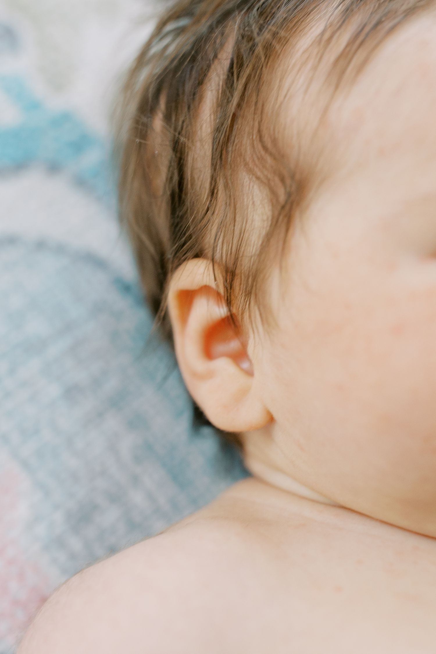Close-up macro shot of baby's ear and soft hair against blue background.